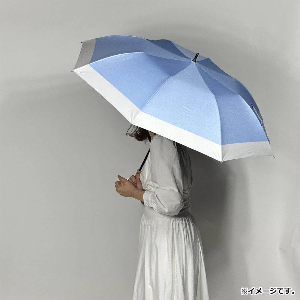 晴雨兼用ショートワイド傘 裏黒コーティング ダンガリー風切継プリント サックスブルー×オフ