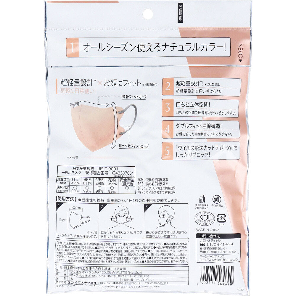 超快適マスク SMART COLOR(スマートカラー) MY PALETTE(マイパレット) ピンク×グレー ふつう 7枚入