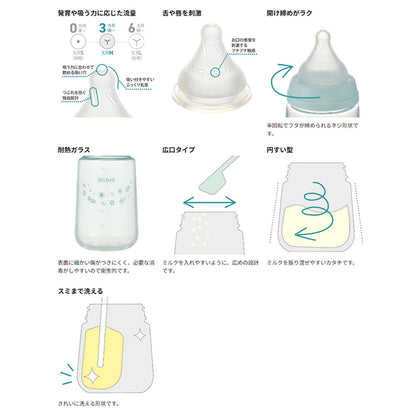 リッチェル はなえみ ガラス哺乳びん 3カ月頃から Mサイズ 240mL